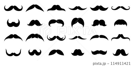 Mustache set. Black silhouettes of various male moustaches. Men's facial hair. Hipster, gentleman, barbershop concept. Vector flat illustration isolated on white background Mustache set. Black silhouettes of various male moustaches. Men's facial hair. Hipster, gentleman, barbershop concept. Vector flat illustration isolated on white background 114911421