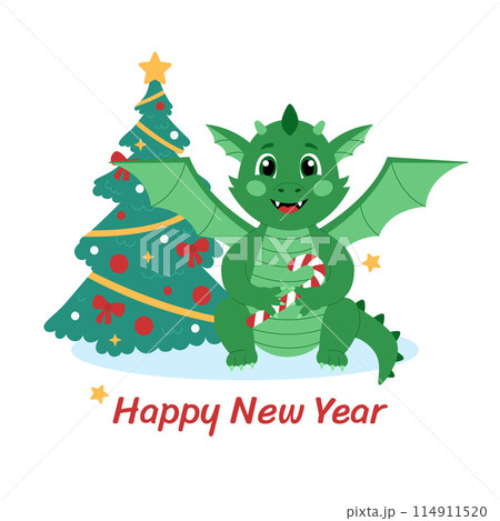 Cute green dragon with candy cane and christmas tree. Cartoon character for New Year. Vector illustration for greeting card, poster or banner 114911520
