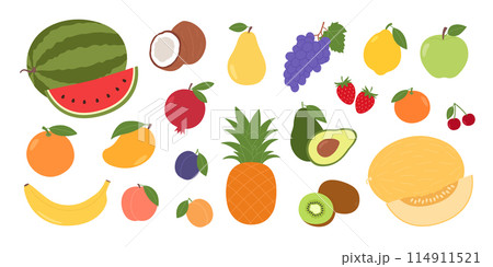 Set of different fruits and berries. Natural tropical fruits. Organic, vegetarian food. Healthy eating. Vector flat illustration isolated on white background 114911521