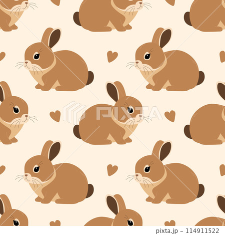 Seamless pattern with cute beige rabbit and hearts isolated on beige background. Vector flat illustration 114911522