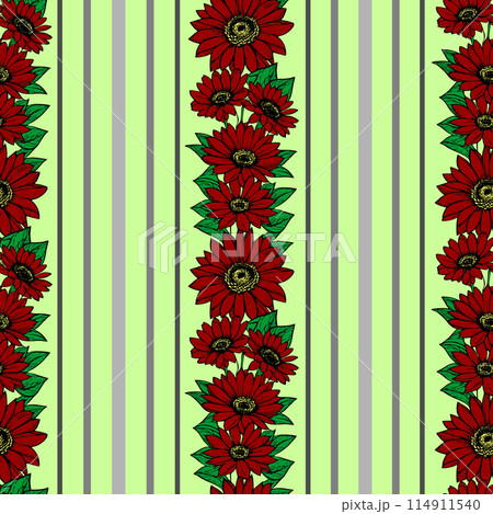 seamless vertical pattern of stripes and red flowers, texture, background seamless vertical pattern of stripes and red flowers, texture, background 114911540