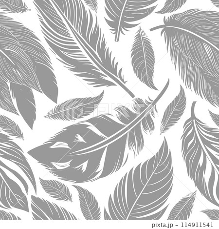 simple two-color seamless pattern of gray feathers on a white background, texture 114911541