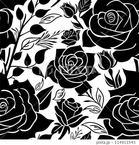 black and white seamless pattern of rose flowers, texture, design 114911543