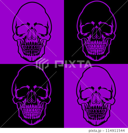 simple black and purple seamless symmetrical tile pattern of human skulls, texture, design 114911544