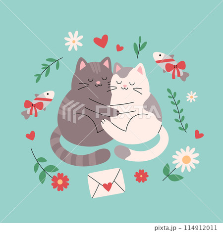 Two cute cats in love hugging together. Romantic kittens couple in frame of flowers, twigs, hearts and fish. Vector flat illustration for valentines day poster, banner, greeting card 114912011