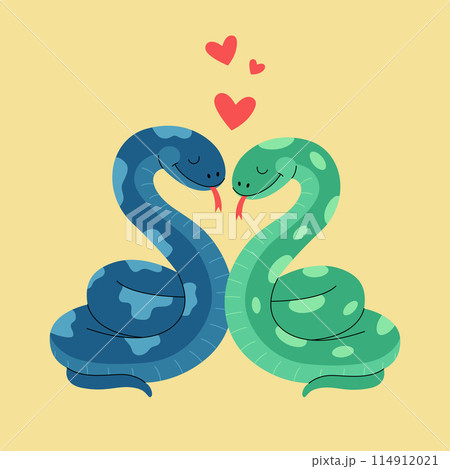 Two snakes in love sitting together. Romantic reptiles couple with hearts. Vector flat illustration for valentines day poster, banner, greeting card 114912021