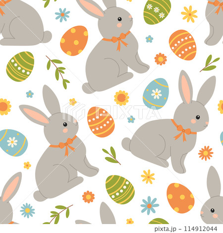 Seamless pattern with easter eggs, rabbit and flowers. Cute holiday background. Vector flat illustration on white Seamless pattern with easter eggs, rabbit and flowers. Cute holiday background. Vector flat illustration on white 114912044