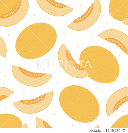 Seamless pattern with melon fruit, melon slice and seeds. Fresh and juicy berry. Vector flat illustration isolated on white background 114912047