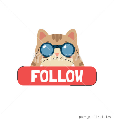 Sticker follow with cute cat character watching through binoculars. Call to action sticker for social networks. Red button with animal. Vector illustration isolated on white background 114912129
