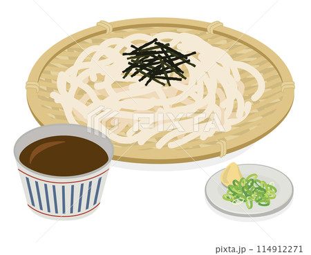 【ベクター】美味しいざるうどんのイラスト。つゆ、薬味(生姜・ネギ)付き、夏の和食メニュー 【ベクター】美味しいざるうどんのイラスト。つゆ、薬味(生姜・ネギ)付き、夏の和食メニュー 114912271