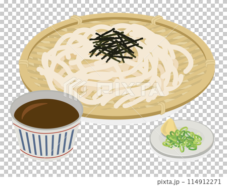 [Vector] Illustration of delicious Zaru Udon (cold udon noodles). Served with dipping sauce and condiments (ginger and green onions), a summer Japanese dish. 114912271