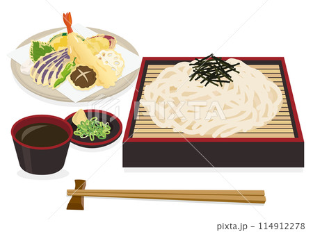 【ベクター】豪華な天ぷらせいろうどんセットのイラスト。薬味付き、お店の和食メニュー素材 【ベクター】豪華な天ぷらせいろうどんセットのイラスト。薬味付き、お店の和食メニュー素材 114912278