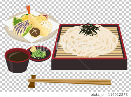 【ベクター】豪華な天ぷらせいろうどんセットのイラスト。薬味付き、お店の和食メニュー素材 【ベクター】豪華な天ぷらせいろうどんセットのイラスト。薬味付き、お店の和食メニュー素材 114912278