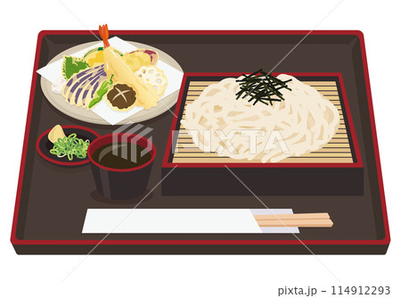 【ベクター】美味しいせいろうどんイラスト。お盆に乗ったつゆと薬味付きの和食メニュー(天ぷら付き) 【ベクター】美味しいせいろうどんイラスト。お盆に乗ったつゆと薬味付きの和食メニュー(天ぷら付き) 114912293