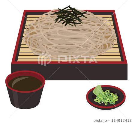 【ベクター】美味しいせいろ蕎麦のイラスト。つゆ、薬味(わさび・ネギ・海苔)付き、老舗の和食 【ベクター】美味しいせいろ蕎麦のイラスト。つゆ、薬味(わさび・ネギ・海苔)付き、老舗の和食 114912412