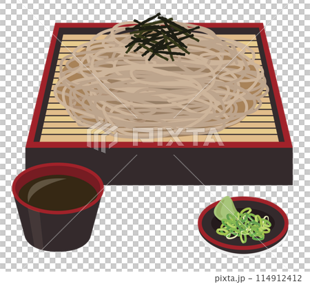 【ベクター】美味しいせいろ蕎麦のイラスト。つゆ、薬味(わさび・ネギ・海苔)付き、老舗の和食 【ベクター】美味しいせいろ蕎麦のイラスト。つゆ、薬味(わさび・ネギ・海苔)付き、老舗の和食 114912412