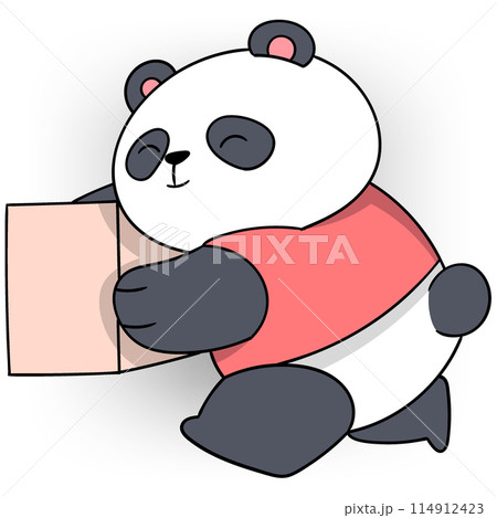 panda carrying a cardboard box purchasing goods from an online store panda carrying a cardboard box purchasing goods from an online store 114912423