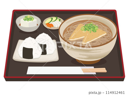 食事_和食_麺類_きつねそば定食_おにぎり 食事_和食_麺類_きつねそば定食_おにぎり 114912461