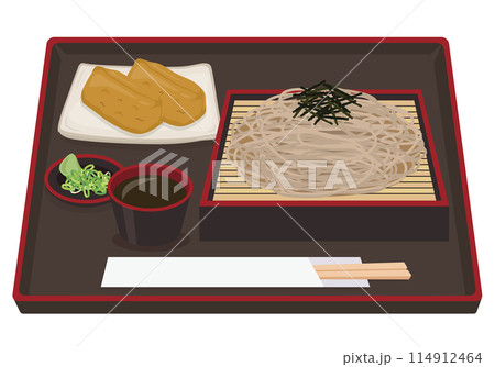 【ベクター】美味しいせいろ蕎麦イラスト。お盆に乗ったつゆと薬味付きの和食メニュー素材（いなり寿司付き 114912464