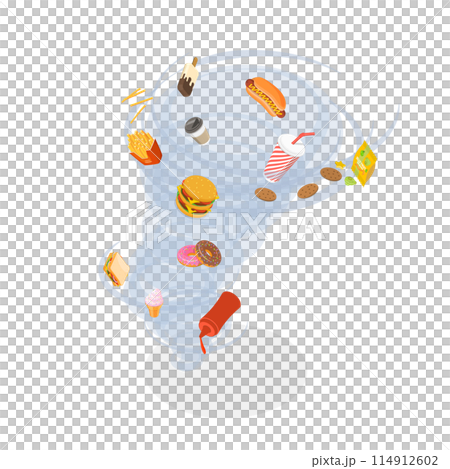 3D Isometric Flat  Illustration of Calories Hurricane, Unhealthy Fast Food Meals 114912602