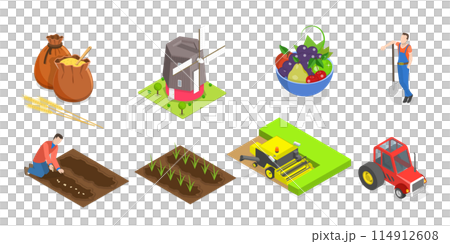 3D Isometric Flat Set of Agriculture Items, Farming Collection 3D Isometric Flat Set of Agriculture Items, Farming Collection 114912608