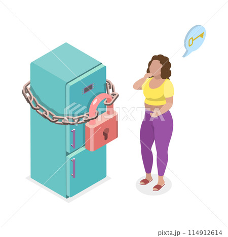 3D Isometric Flat  Illustration of Locked Fridge, Stop Overeating 114912614