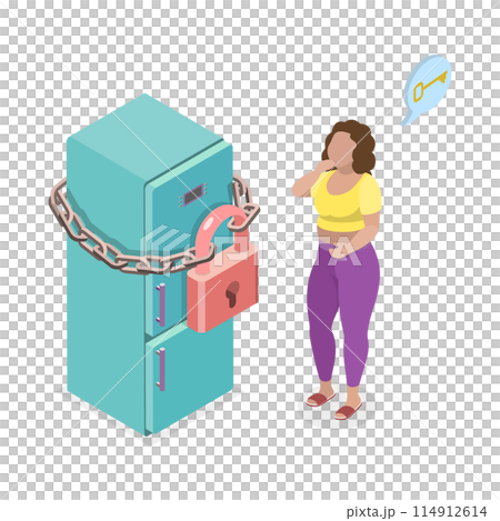 3D Isometric Flat  Illustration of Locked Fridge, Stop Overeating 114912614