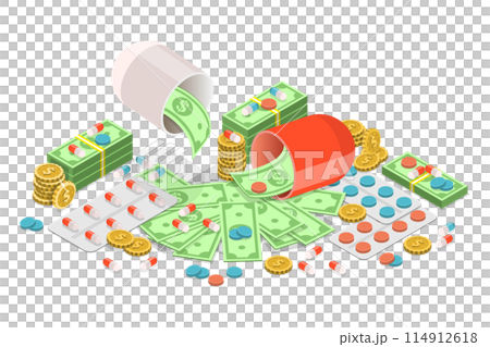 3D Isometric Flat  Illustration of Expensive Unaffordable Drugs, Health Care Costs 114912618