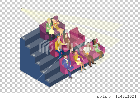 3D Isometric Flat Illustration of People Watching Movie, Cinema Theater 3D Isometric Flat Illustration of People Watching Movie, Cinema Theater 114912621