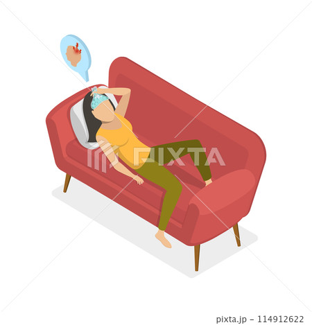 3D Isometric Flat  Illustration of Hangover, Sick Person Having Cold 114912622