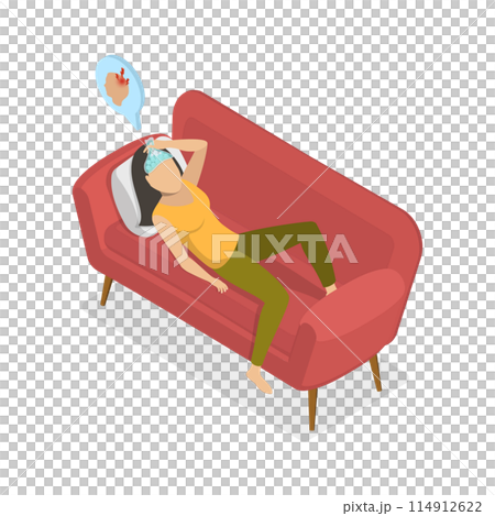 3D Isometric Flat  Illustration of Hangover, Sick Person Having Cold 114912622