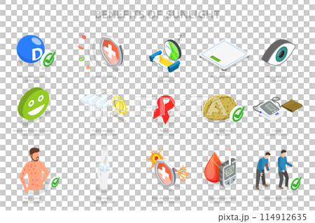 3D Isometric Flat  Illustration of Benefits Of Sunlight, Regulating Body Clock and Increase Serotonin Level 114912635