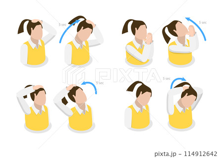 3D Isometric Flat  Illustration of Neck Stretches Instructions, Easy Office Workout 114912642