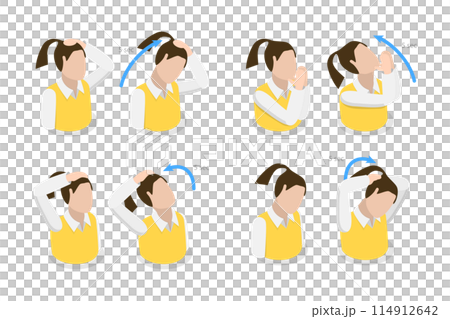3D Isometric Flat  Illustration of Neck Stretches Instructions, Easy Office Workout 114912642