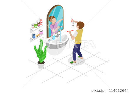3D Isometric Flat  Illustration of Cleanliness And Hygiene, Morning Routine 114912644