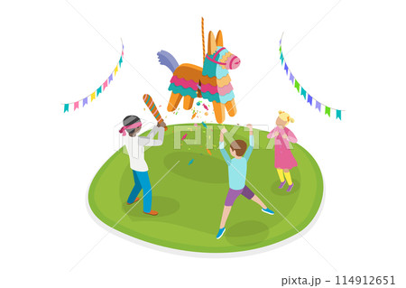 3D Isometric Flat  Illustration of Mexican Pinata, Birthday Celebration Tradition 114912651