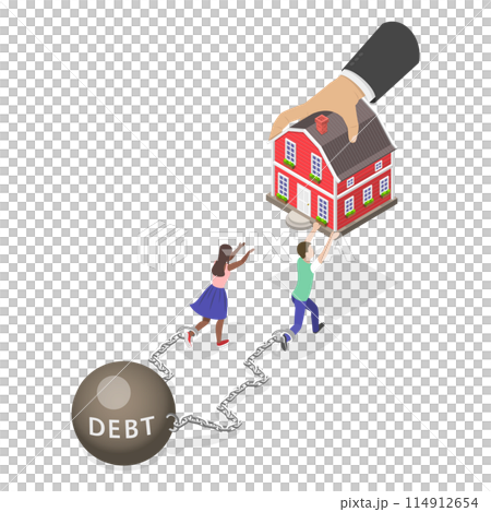 3D Isometric Flat  Illustration of Eviction And Mortgage Debt, Fighting to Hold Back a House 114912654