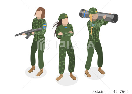 3D Isometric Flat  Set of Ukrainian Woman Soldiers, Fight on War for Independence 114912660