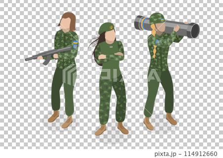 3D Isometric Flat  Set of Ukrainian Woman Soldiers, Fight on War for Independence 114912660