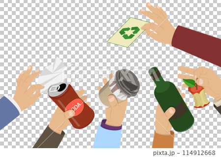 3D Isometric Flat Illustration of Hands Holding Garbage, Waste Recycling 3D Isometric Flat Illustration of Hands Holding Garbage, Waste Recycling 114912668