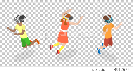 3D Isometric Flat  Illustration of Kids In Virtual Reality , Happy Teenagers Gamers with VR Glasses 114912679