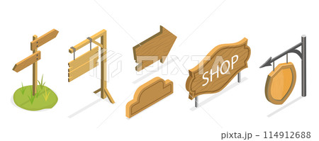 3D Isometric Flat  Set of Signboard Collection, Wooden Billboards 114912688