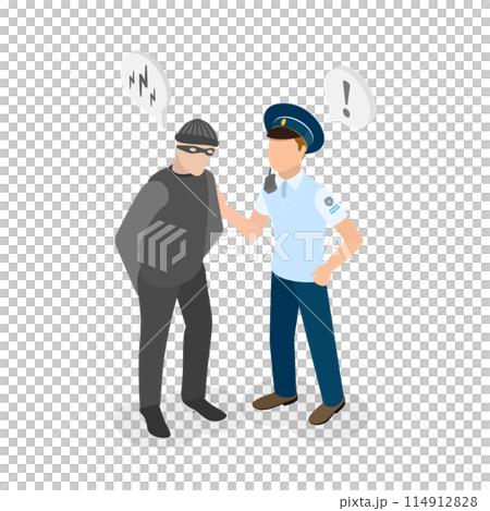 3D Isometric Flat  Conceptual Illustration of Security Guard, Police Officer Caught a Robber 114912828