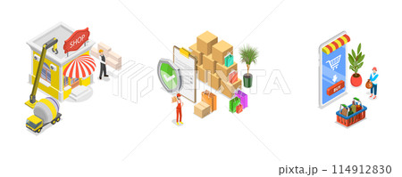 3D Isometric Flat  Conceptual Illustration of Retail Business, Sale Goods and Services to Consumers 114912830