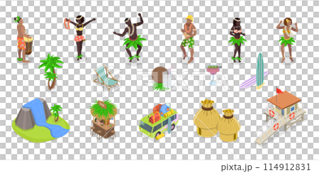3D Isometric Flat  Set of Hawaii Elements, Cultural Attributes 114912831