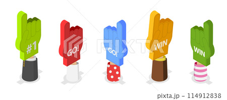 3D Isometric Flat  Set of Colorful Foam Hands, Sports Paraphernalia Fun Items 114912838