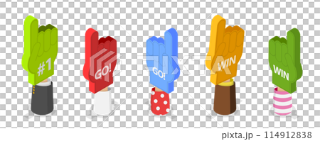 3D Isometric Flat  Set of Colorful Foam Hands, Sports Paraphernalia Fun Items 114912838