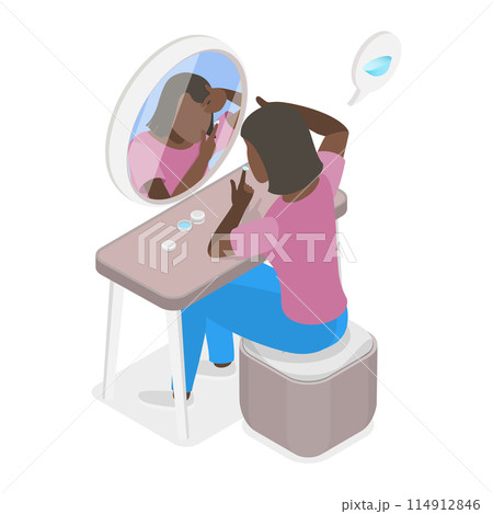 3D Isometric Flat  Conceptual Illustration of Contact Lenses, How to Put and Remove Instructions 114912846