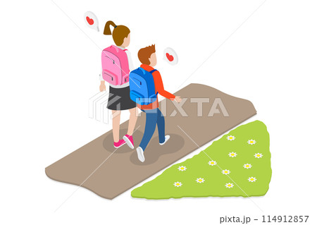 3D Isometric Flat  Conceptual Illustration of Two Children Characters , Brother and Sister with Backpacks Going to School 114912857