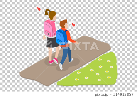 3D Isometric Flat  Conceptual Illustration of Two Children Characters , Brother and Sister with Backpacks Going to School 114912857